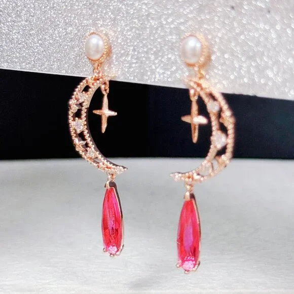 Moon earrings, Celestial earrings, Crystal Pearl Teardrop, Vintage Jewelry - Picture 7 of 7
